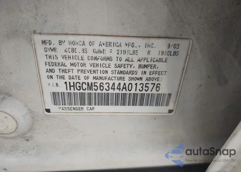 2004 Honda Accord 2.4 Lx from USA, damaged, VIN 1HGCM56344A013576